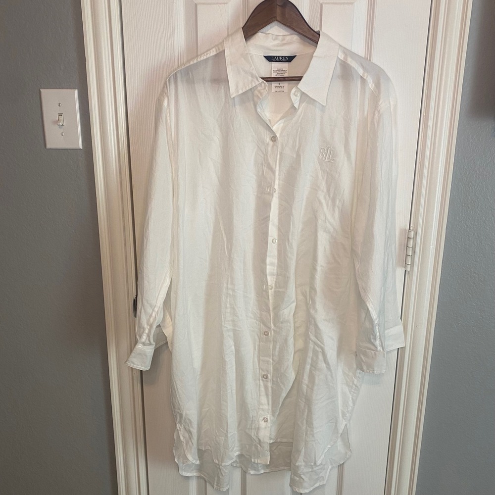 Lauren Ralph Lauren White Cotton Button Down Shirt Dress Size 1X Minimalist